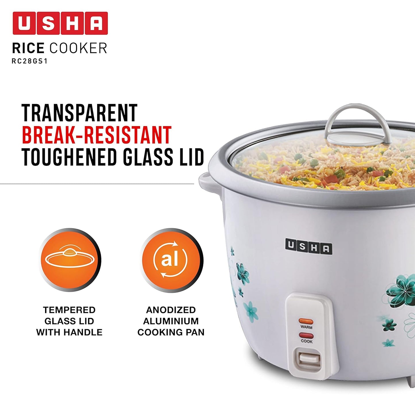 Usha RC28GS1 2.8L Electric Rice Cooker – 1000W with Steamer, Keep Warm Function