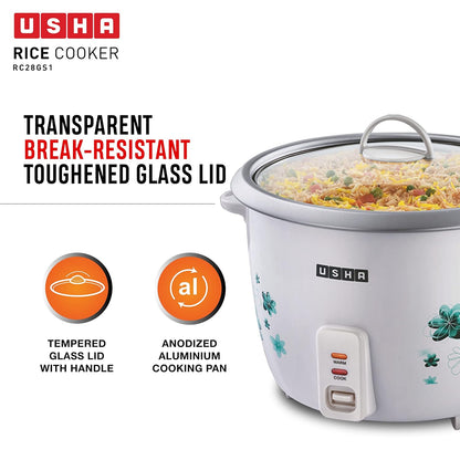 Usha RC28GS1 2.8L Electric Rice Cooker – 1000W with Steamer, Keep Warm Function