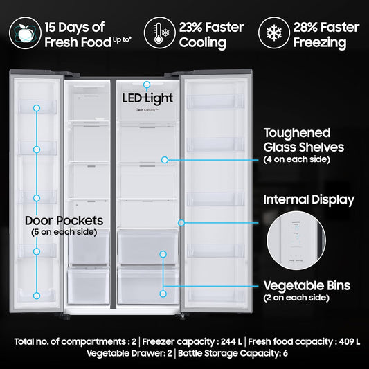 Samsung 653 L, 2 Star, Frost Free, Double Door, Convertible 5-in-1 Digital Inverter, Side By Side Refrigerator (RS76CG80X0S9HL, Silver, Refined Inox)