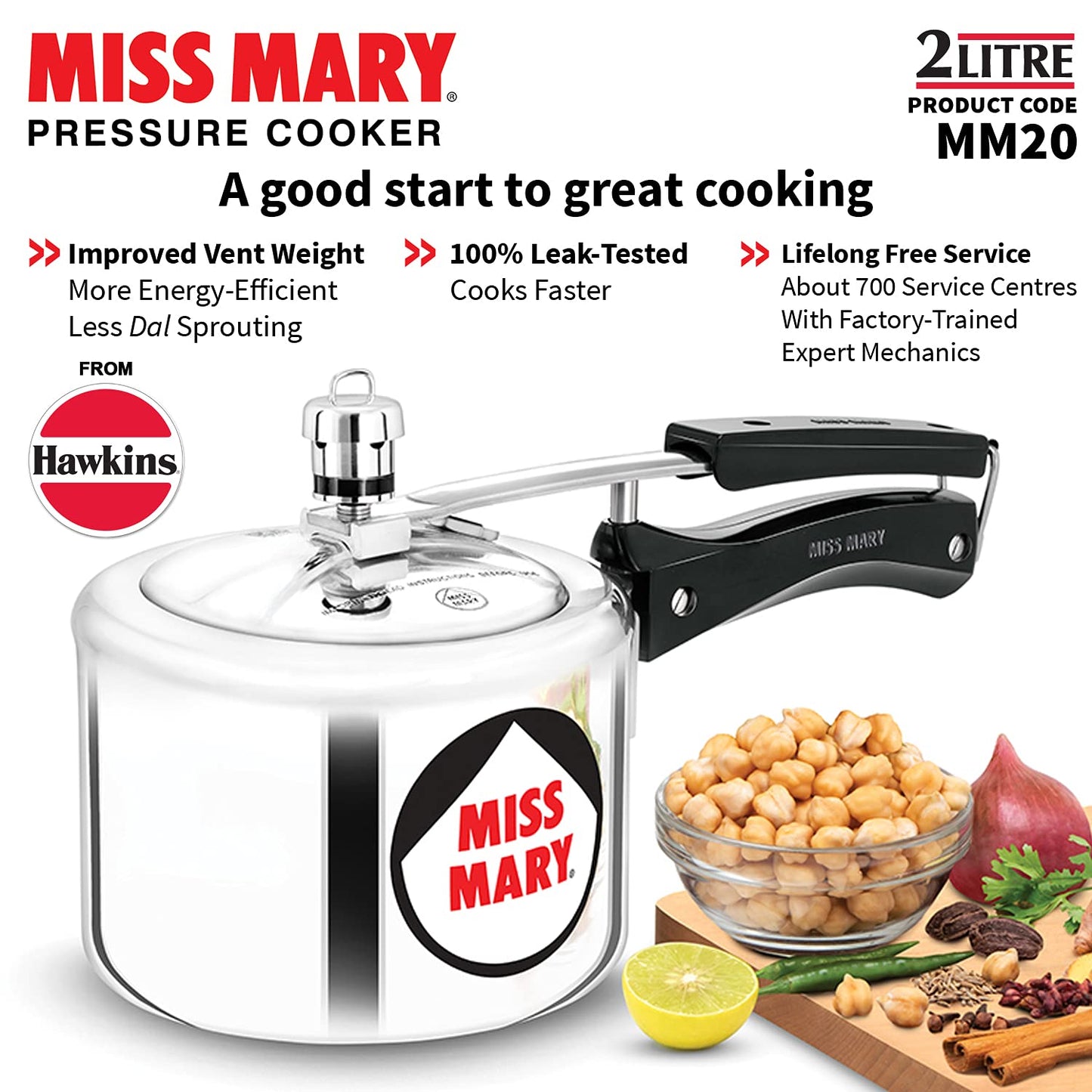 Hawkins Miss Mary 2L Pressure Cooker – Virgin Aluminium, MM20, Ideal for 2–3 Persons