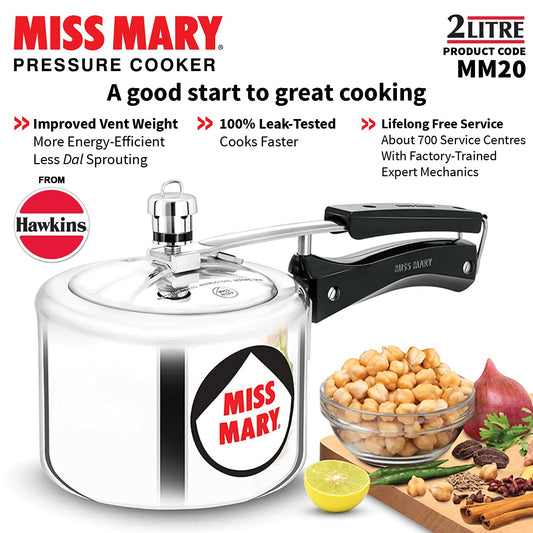 Hawkins Miss Mary 2L Pressure Cooker – Virgin Aluminium, MM20, Ideal for 2–3 Persons