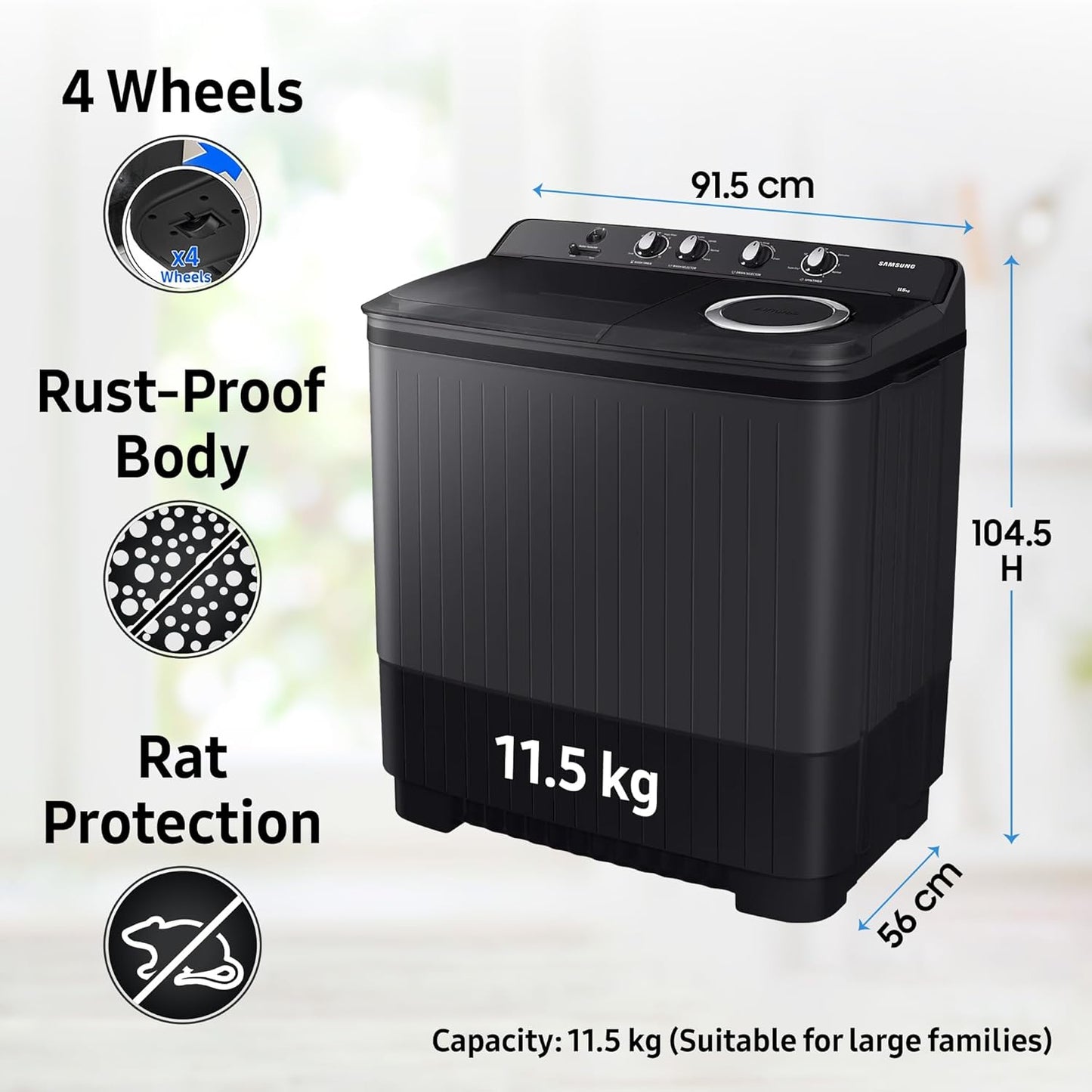Samsung 11.5 Kg Semi-Automatic Top Load Washing Machine Appliance (WT11A4260GD/TL,Dark Gray)