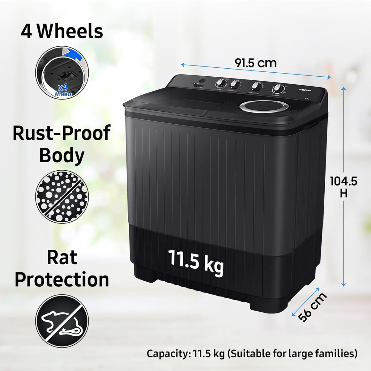 Samsung 11.5 Kg Semi-Automatic Top Load Washing Machine Appliance (WT11A4260GD/TL,Dark Gray)