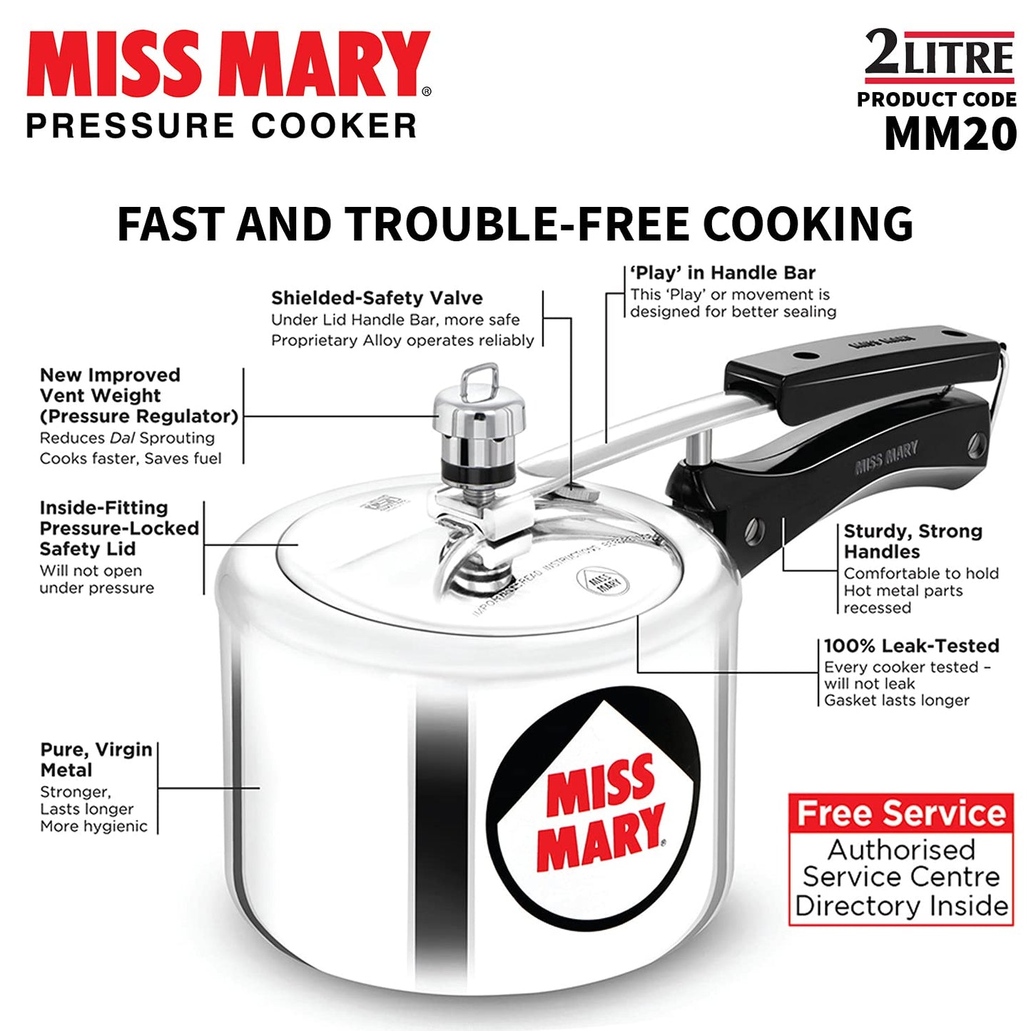 Hawkins Miss Mary 2L Pressure Cooker – Virgin Aluminium, MM20, Ideal for 2–3 Persons