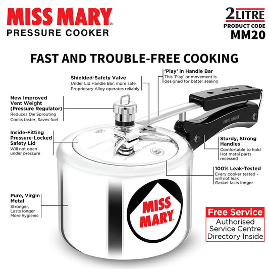 Hawkins Miss Mary 2L Pressure Cooker – Virgin Aluminium, MM20, Ideal for 2–3 Persons