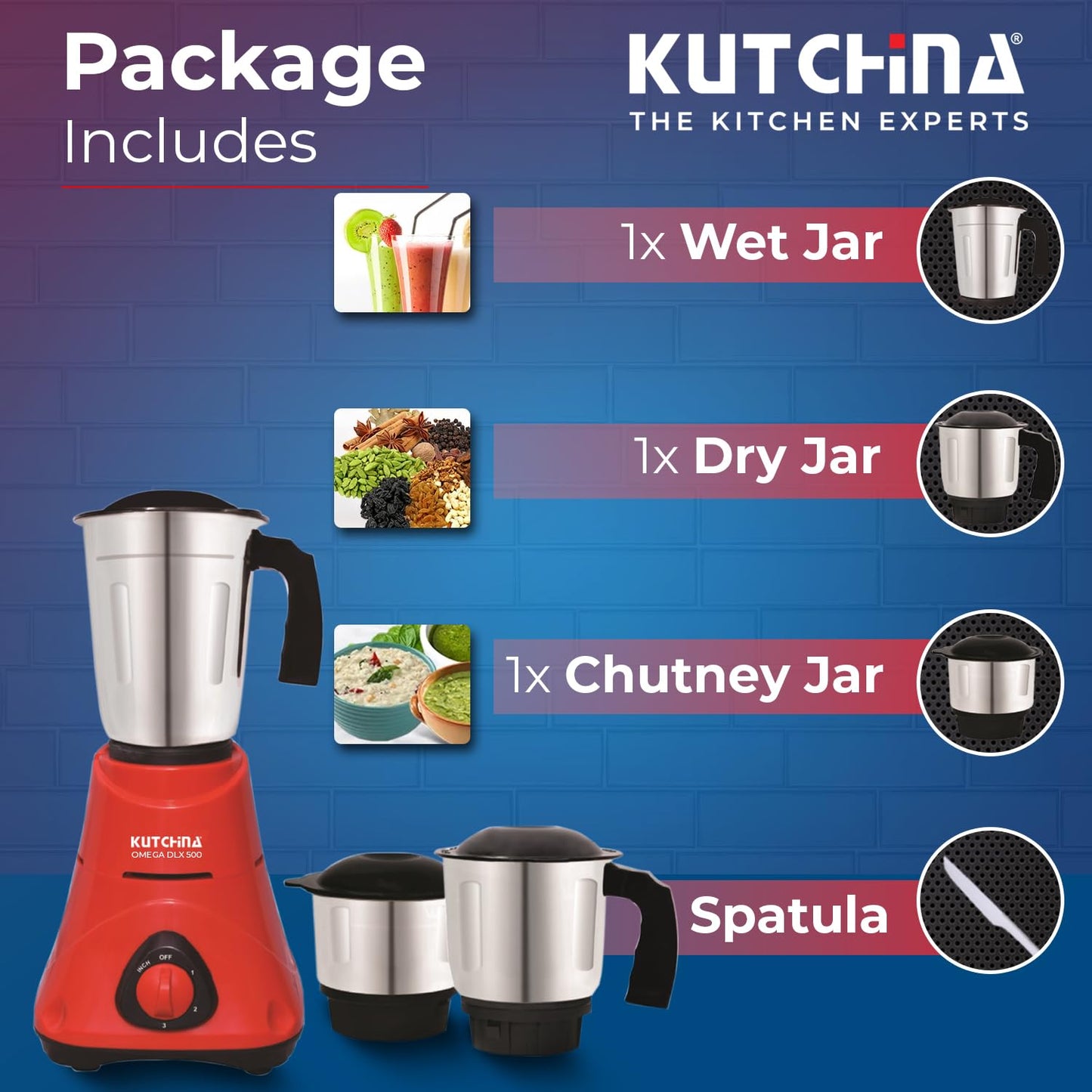 Kutchina Omega DLX 500W Mixer Grinder – 3 Stainless Steel Jars, Hygrade Motor