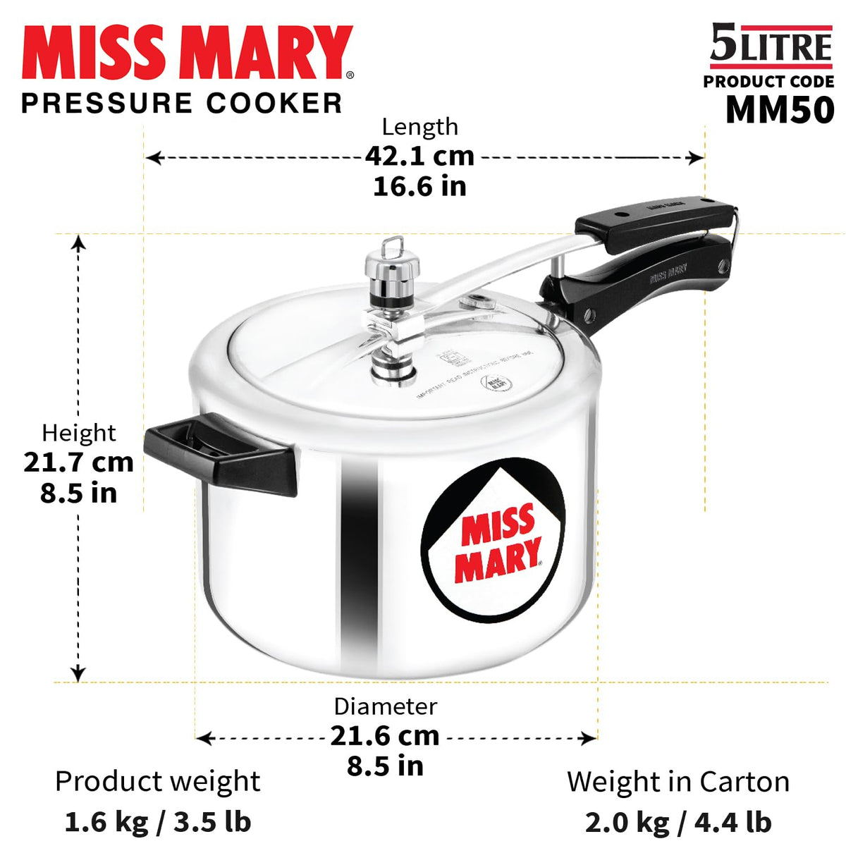 Hawkins Miss Mary 5L Pressure Cooker – Virgin Aluminium, MM50, For 5–7 Persons