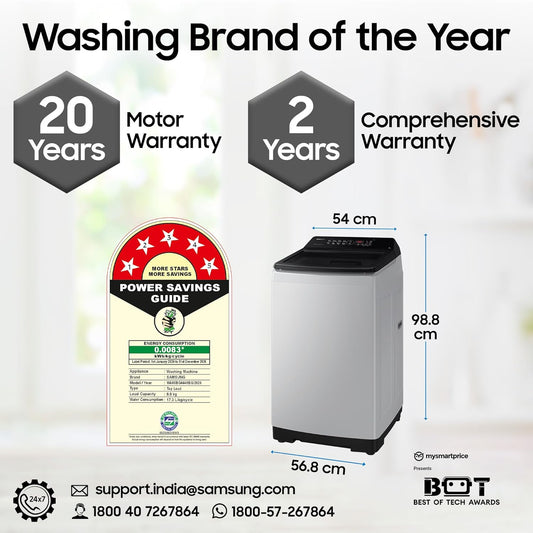 Samsung 8 kg, 5 star, Eco Bubble Tech, Digital Inverter Motor, Soft Closing Door, Fully-Automatic Top Load Washing Machine (WA80BG4441BGTL, Light Gray)