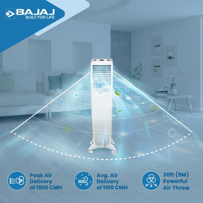 Bajaj TMH50 Tower Air Cooler 50L with Honeycomb Cooling Pads & 30 Ft Air Throw