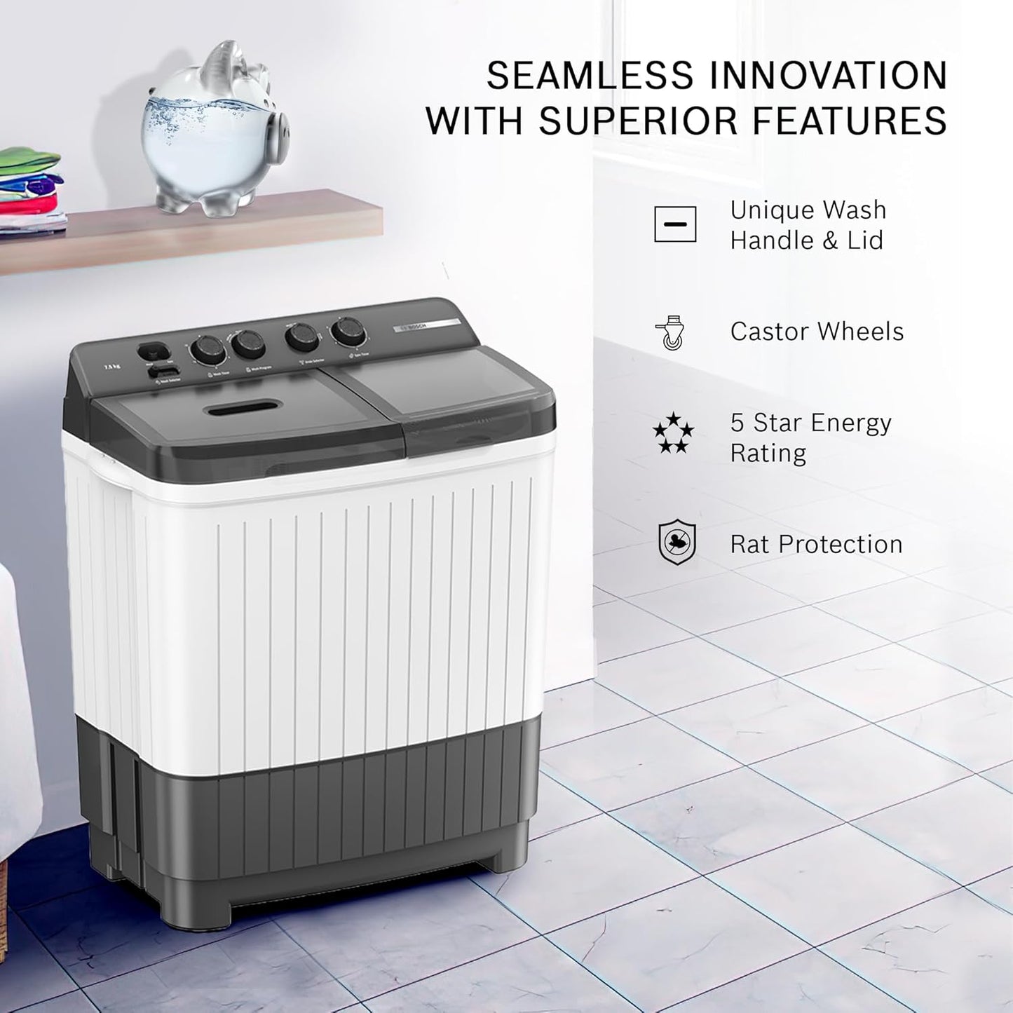 Bosch WJZ751W0IN | 7.5 kg 5‑Star Semi‑Automatic Top Load Washing Machine