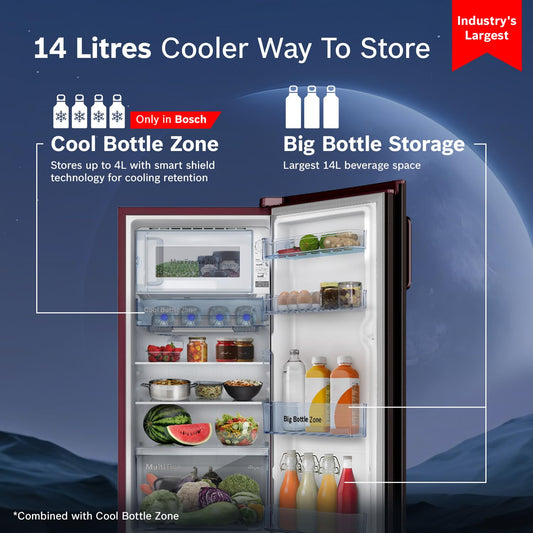 Bosch 207 L,3 Star, Single Door, Direct Cool Refrigerator with Chrome handle, Multi box and cool bottle zone (CST20W33NI, Feather Wine)