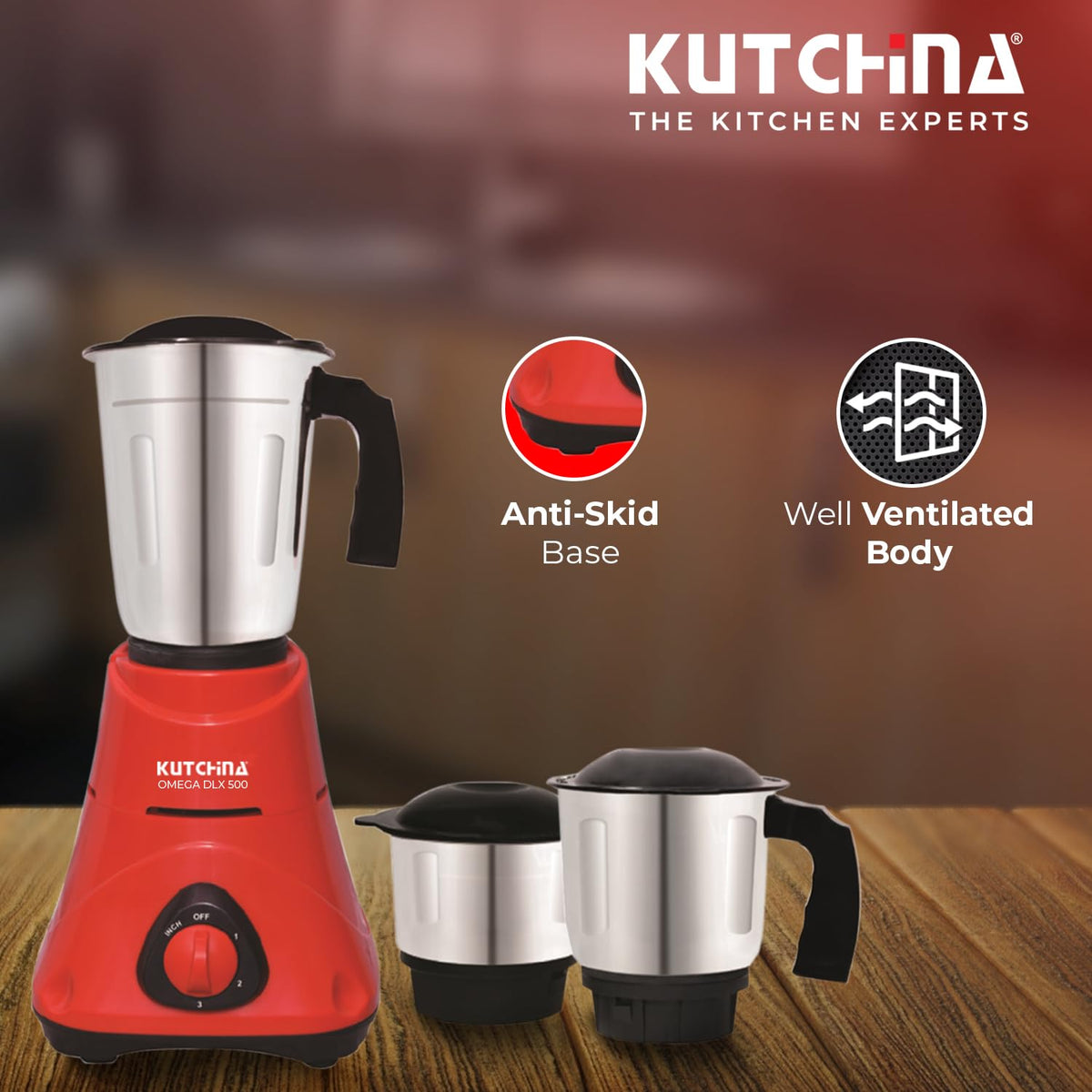 Kutchina Omega DLX 500W Mixer Grinder – 3 Stainless Steel Jars, Hygrade Motor