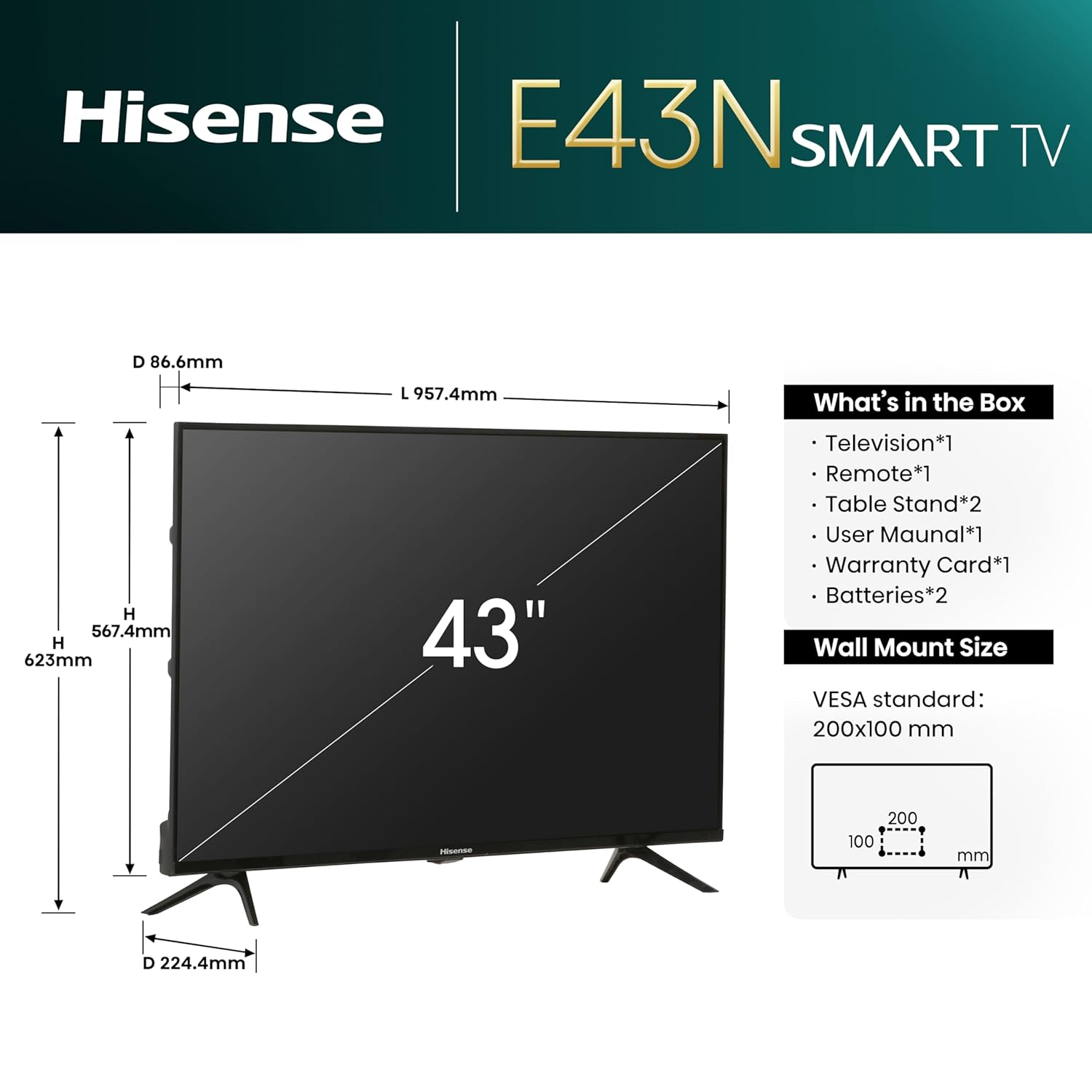 Hisense 43 Inch Full HD Smart Google TV 43E43N | HDR | Dolby Audio | Built-in Chromecast | Voice Remote | Black