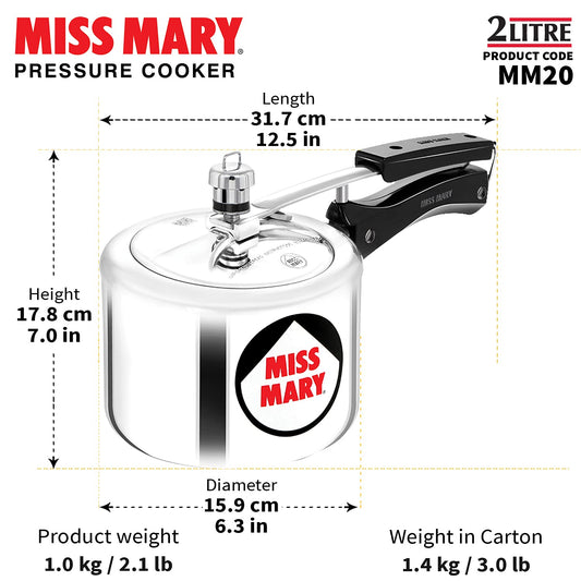 Hawkins Miss Mary 2L Pressure Cooker – Virgin Aluminium, MM20, Ideal for 2–3 Persons