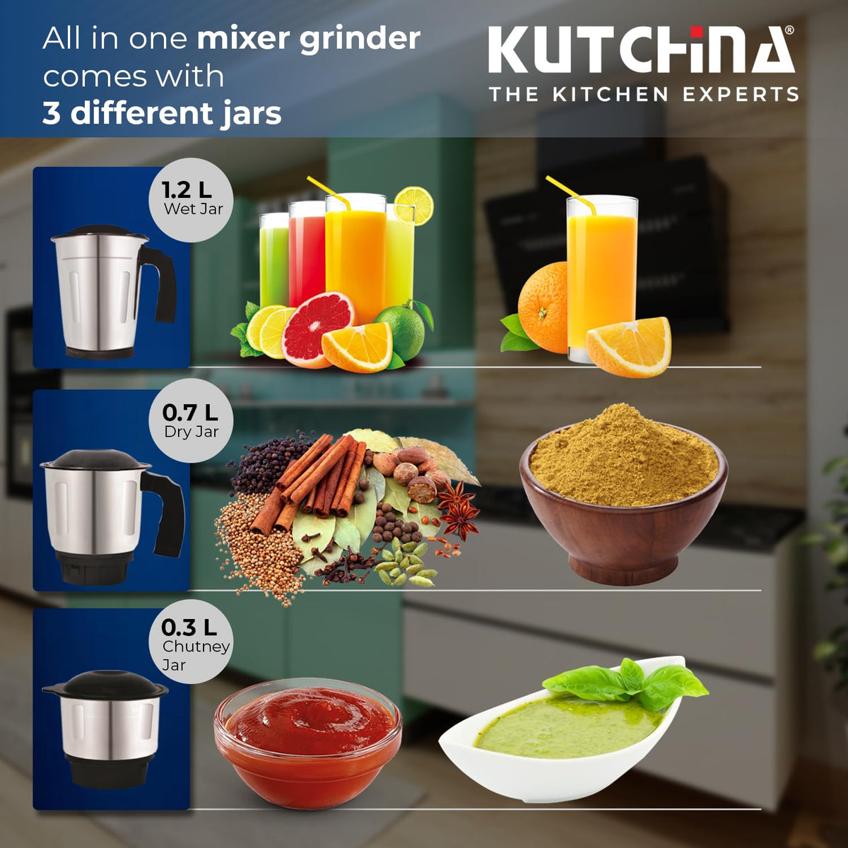 Kutchina Omega DLX 500W Mixer Grinder – 3 Stainless Steel Jars, Hygrade Motor