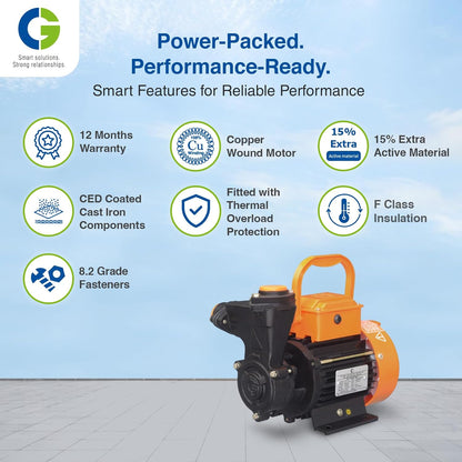CG- CGDMM10MS miniSERGEANT-I | 0.75kW/1.0 HP | Regenerative Mini Monobloc Pump | Copper Motor | S S Shaft | Forged Brass Impeller | Overload Protection | 8.2 Grade Fastners | 1Yr Warranty