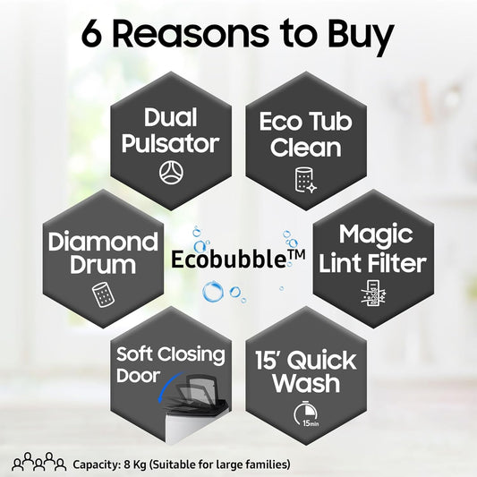 Samsung 8 kg, 5 star, Eco Bubble Tech, Digital Inverter Motor, Soft Closing Door, Fully-Automatic Top Load Washing Machine (WA80BG4441BGTL, Light Gray)