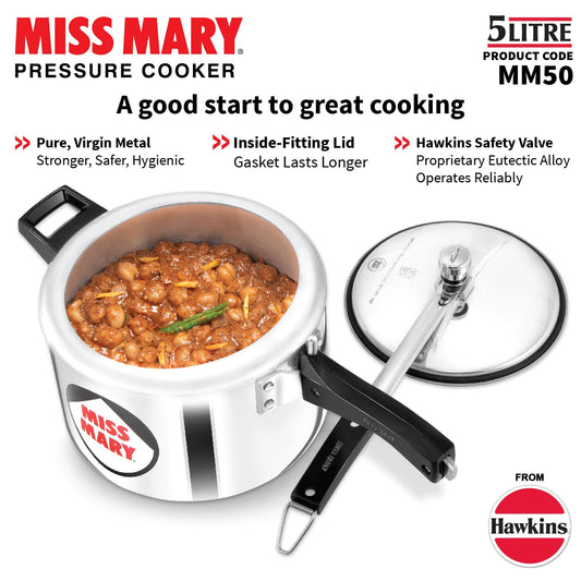 Hawkins Miss Mary 5L Pressure Cooker – Virgin Aluminium, MM50, For 5–7 Persons