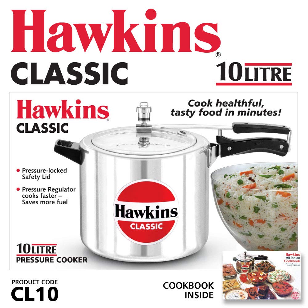 Hawkins Classic 10L Pressure Cooker – Virgin Aluminium | CL10 | For 8–12 People