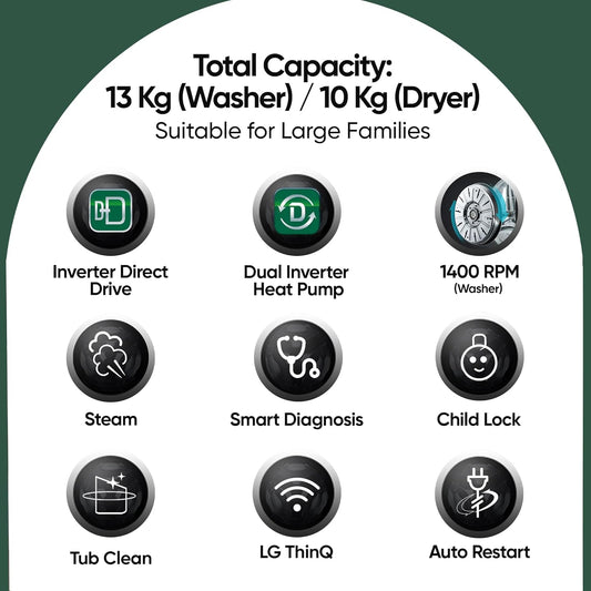 LG FWT1310BG 13kg/10kg AI Direct Drive™ WashTower™ with TurboWash™ 360°, Steam+, and SmartThinQ® (Black Steel)