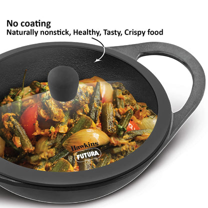 Hawkins Futura Cast Iron Kadhai with Glass Lid (2 L)