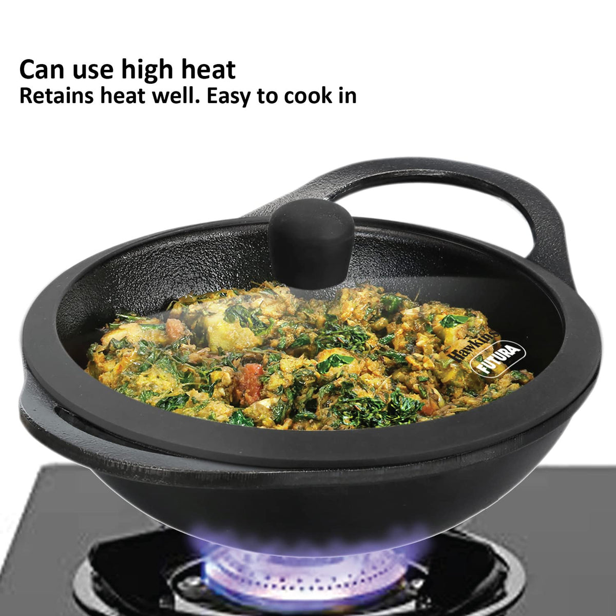 Hawkins Futura Cast Iron Kadhai with Glass Lid (2 L)
