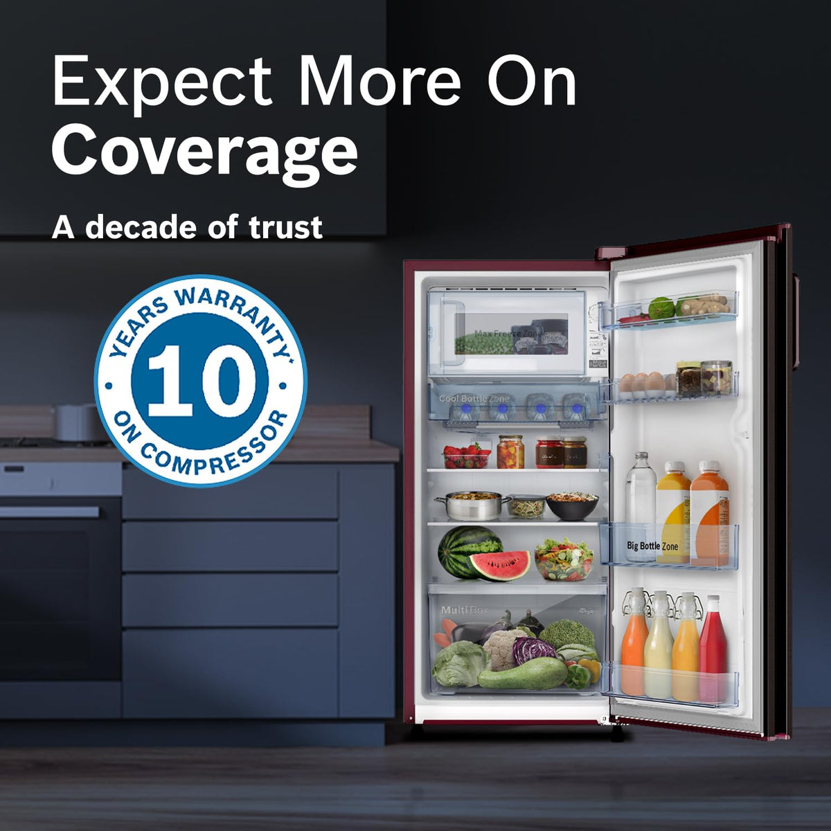 Bosch 187 L 3 Star Capacity Single Door, Direct Cool Refrigerator with Multi box and cool bottle zone (CST18W33NI, Wine Feather)
