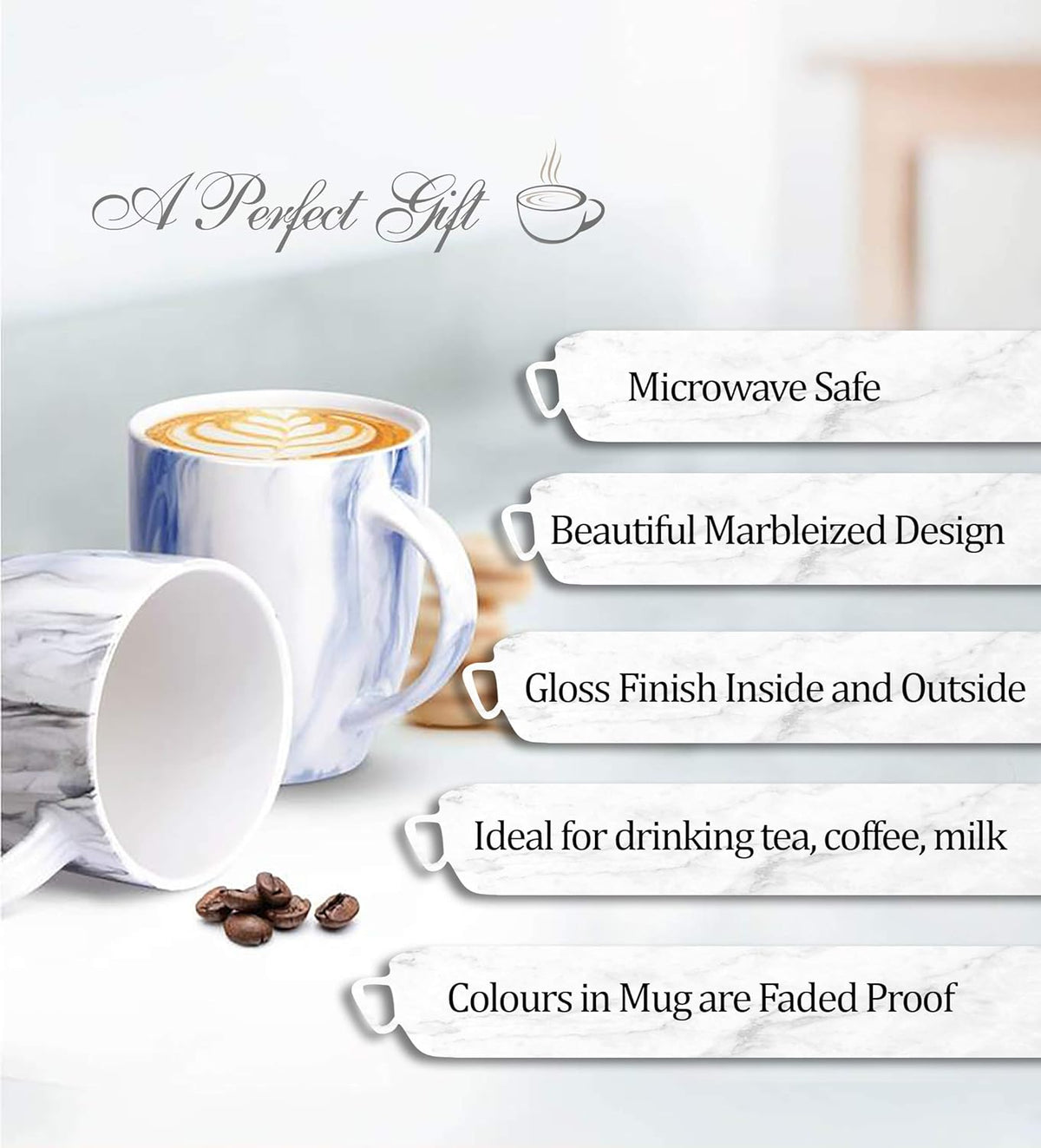 Treo Marble Ceramic Mug Set – 240 ml (Set of 2)