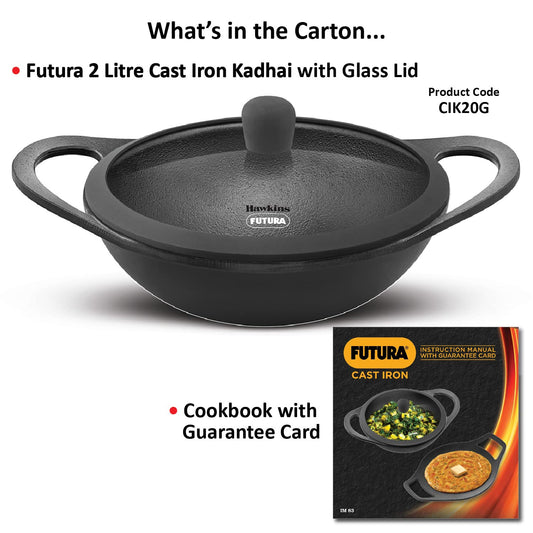 Hawkins Futura Cast Iron Kadhai with Glass Lid (2 L)