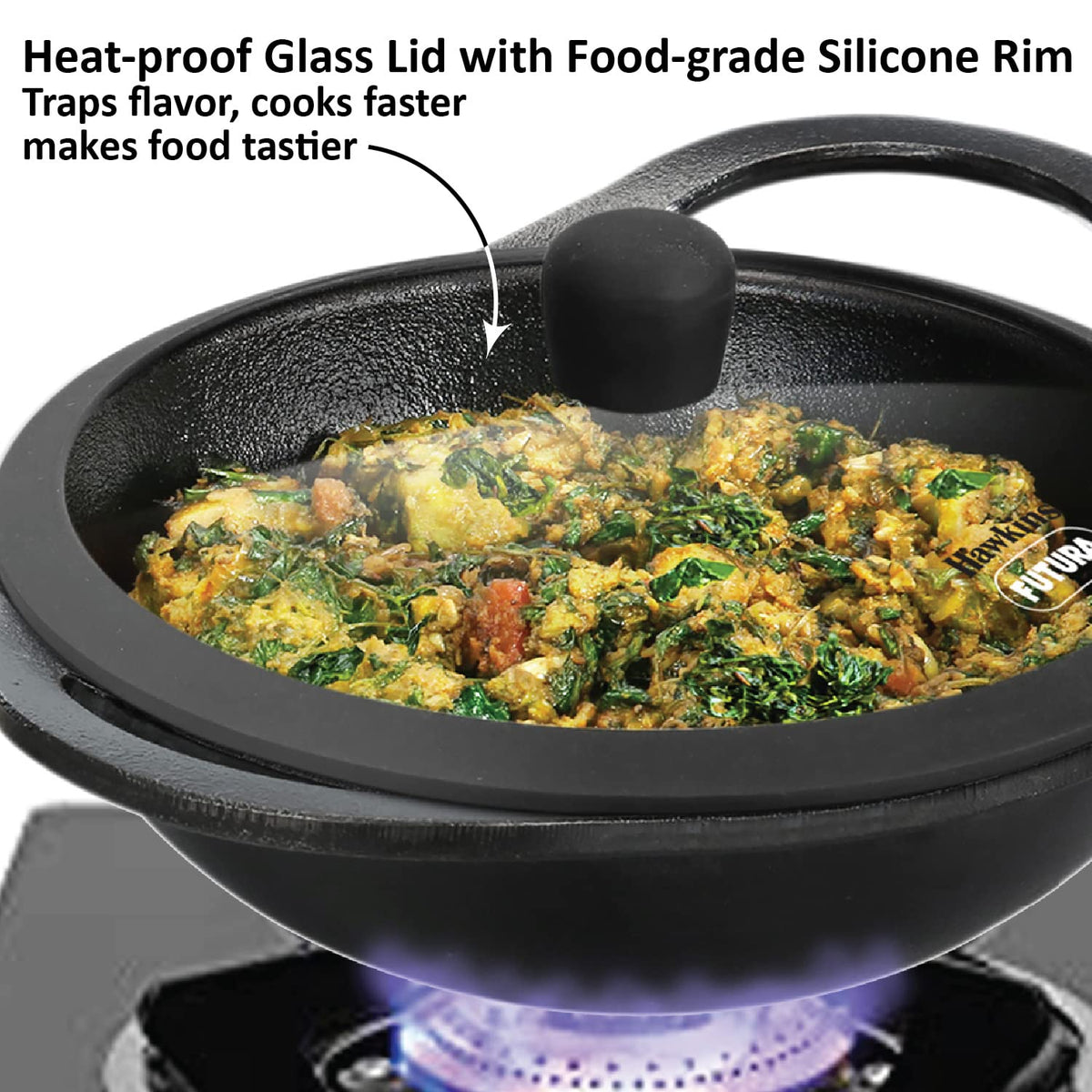Hawkins Futura Cast Iron Kadhai with Glass Lid (2 L)