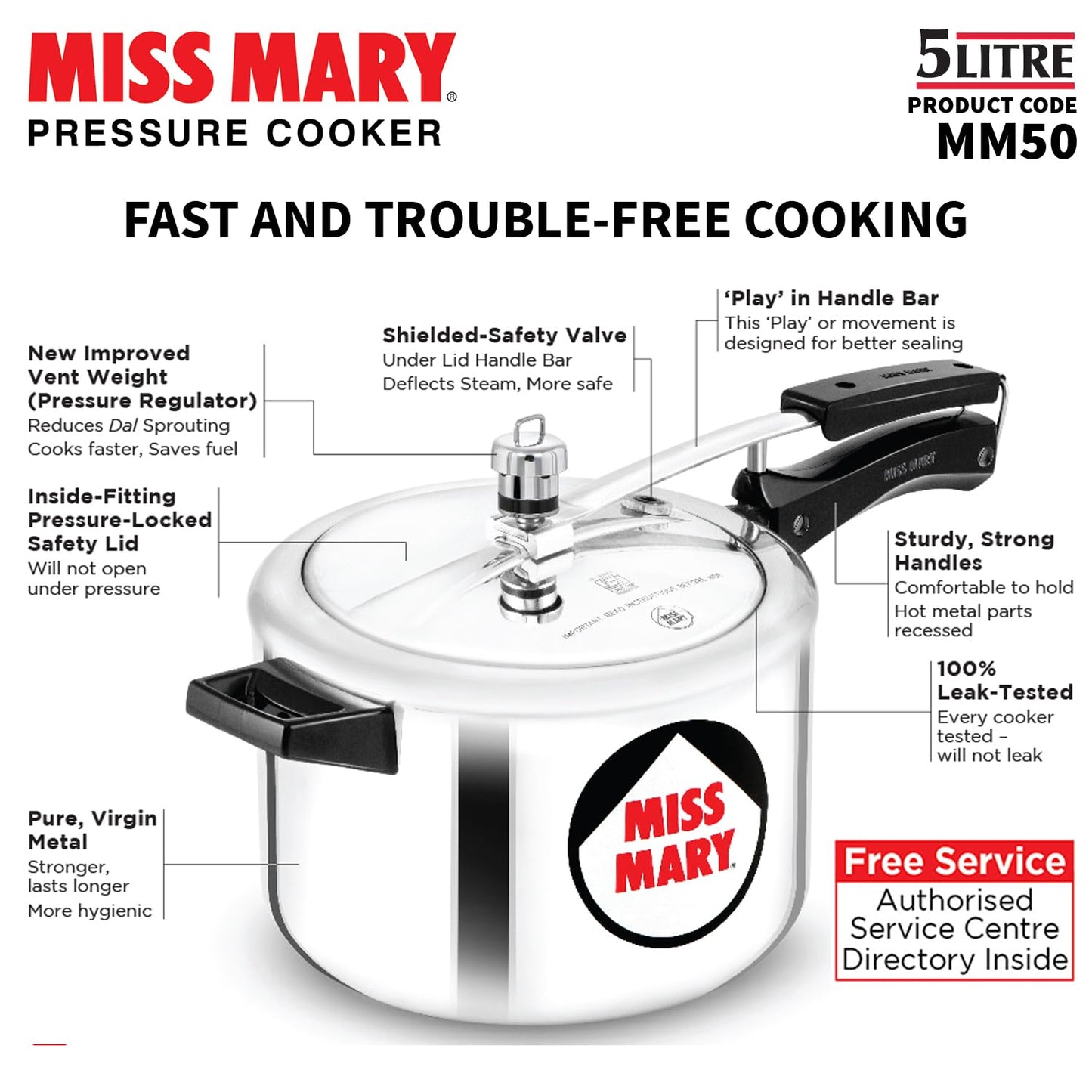 Hawkins Miss Mary 5L Pressure Cooker – Virgin Aluminium, MM50, For 5–7 Persons