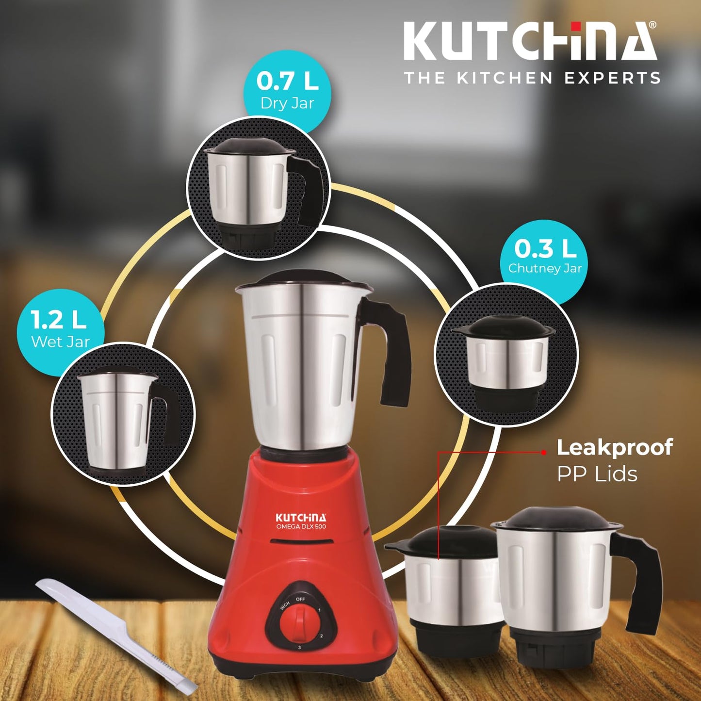 Kutchina Omega DLX 500W Mixer Grinder – 3 Stainless Steel Jars, Hygrade Motor