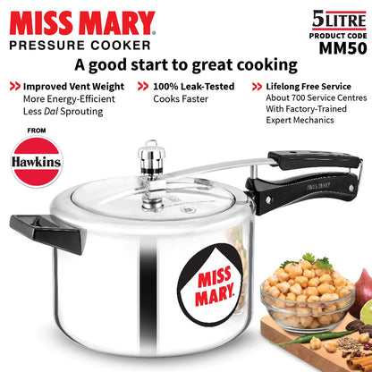 Hawkins Miss Mary 5L Pressure Cooker – Virgin Aluminium, MM50, For 5–7 Persons