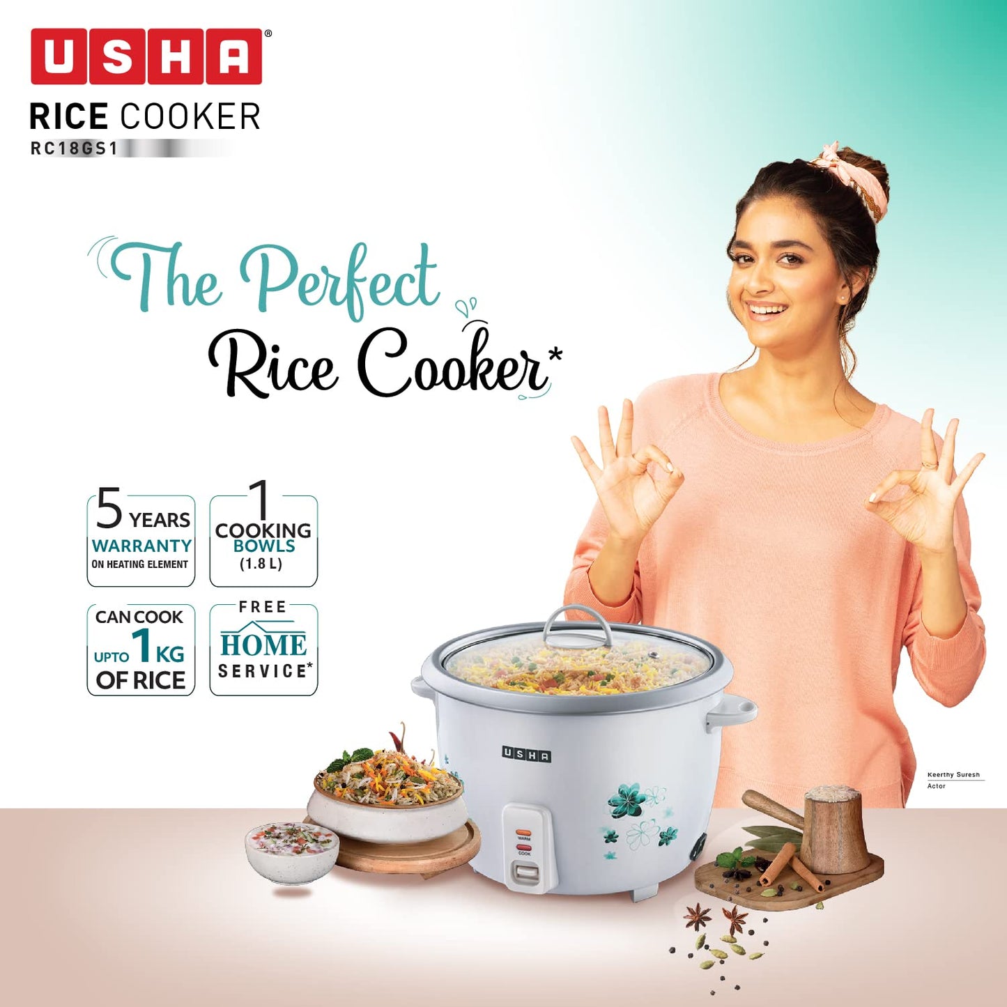 Usha RC18GS1 1.8L Electric Rice Cooker – 700W with Steamer, Keep Warm Function