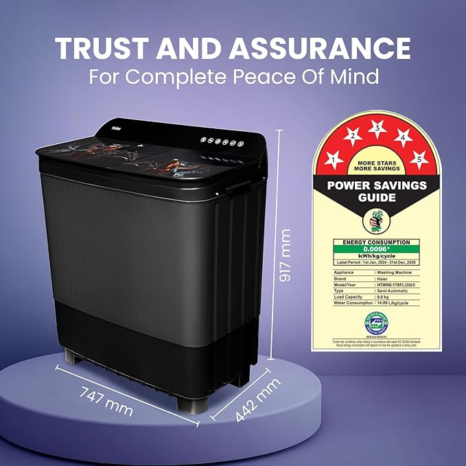 Haier 9 Kg Semi Automatic Washing Machine With Toughened Glass HTW90-178FL