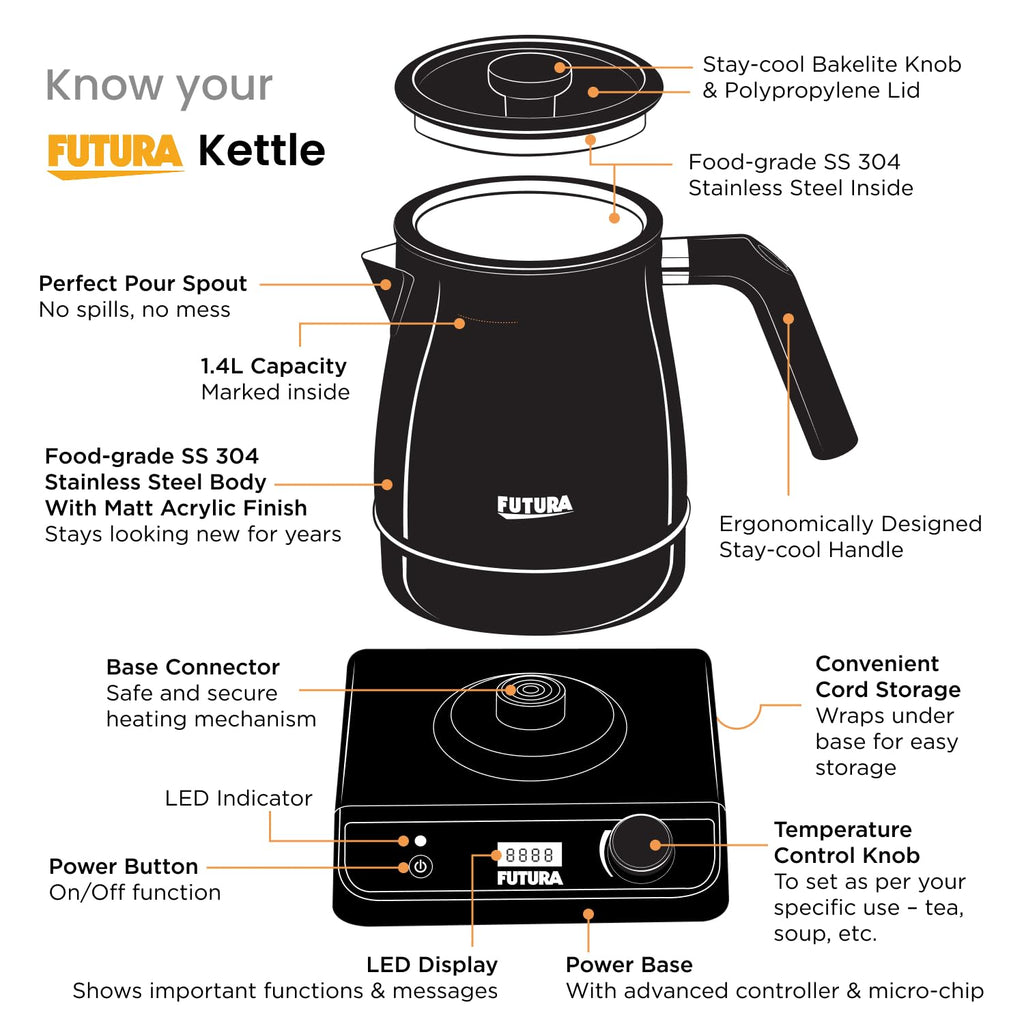 Hawkins Futura FKTA1 1.4L Smart Electric Kettle – 1200W, Stainless Steel