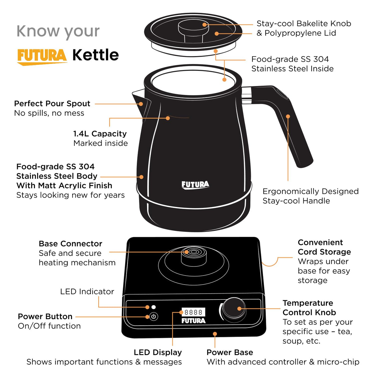 Hawkins Futura FKTA1 1.4L Smart Electric Kettle – 1200W, Stainless Steel