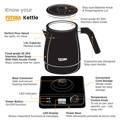 Hawkins Futura FKTA1 1.4L Smart Electric Kettle – 1200W, Stainless Steel
