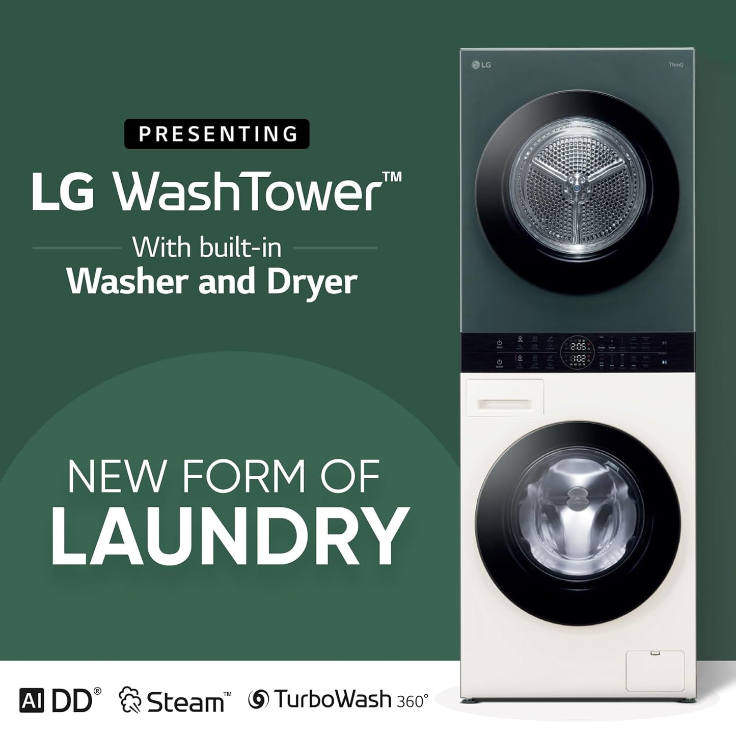 LG FWT1310BG 13kg/10kg AI Direct Drive™ WashTower™ with TurboWash™ 360°, Steam+, and SmartThinQ® (Black Steel)