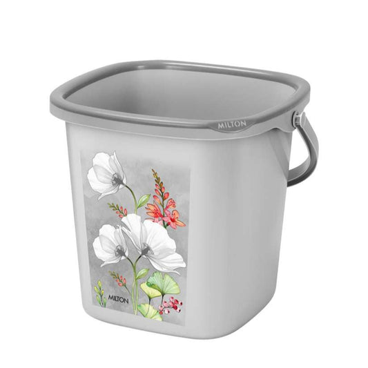 Gray bucket with floral design on a white background