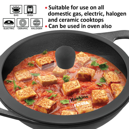 Hawkins Futura Cast Iron Kadhai with Glass Lid (2 L)