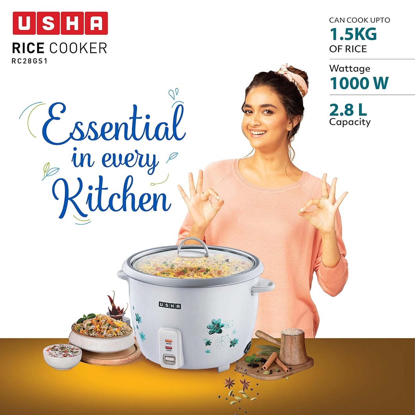 Usha RC28GS1 2.8L Electric Rice Cooker – 1000W with Steamer, Keep Warm Function