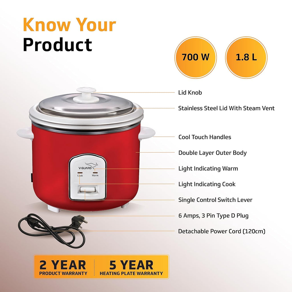 V-Guard VRC 1.8 (2CU) 700W Electric Rice Cooker with Dual Pots – 1.8L Capacity