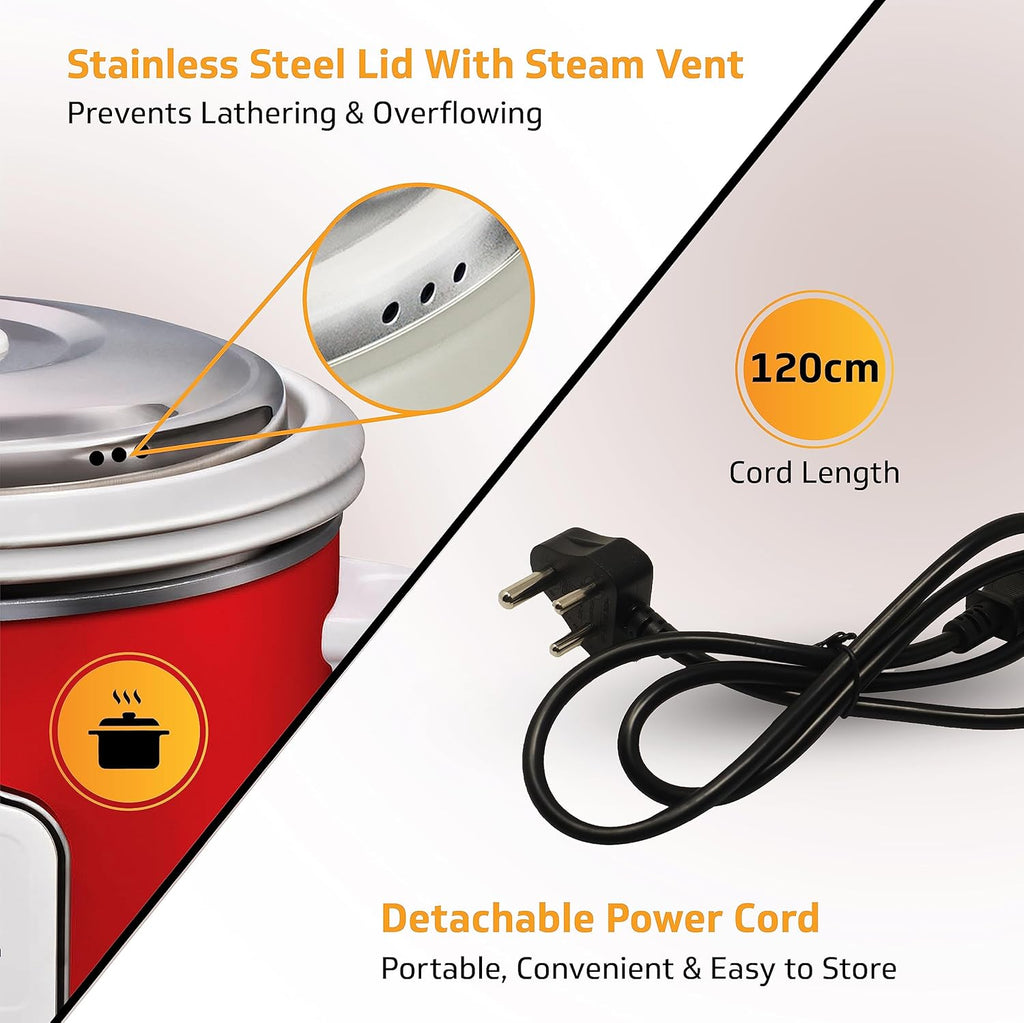 Red portable stove with stainless steel lid and steam vent, detachable power cord, and text highlighting features.