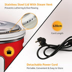 Red portable stove with stainless steel lid and steam vent, detachable power cord, and text highlighting features.