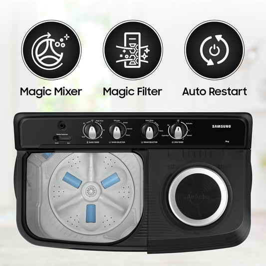 Samsung 8 kg, 5 star, Semi-Automatic Top Load Washing Machine (WT80C4200GG/TL, Air Turbo Drying, Light Gray, 5 Year Warranty on Wash Motor)