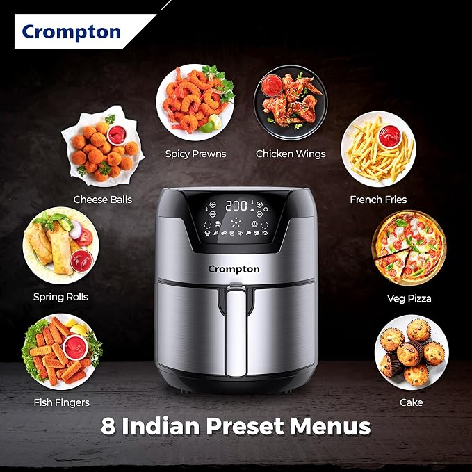 Crompton air fryer with 8 Indian preset menu options displayed on a dark background.