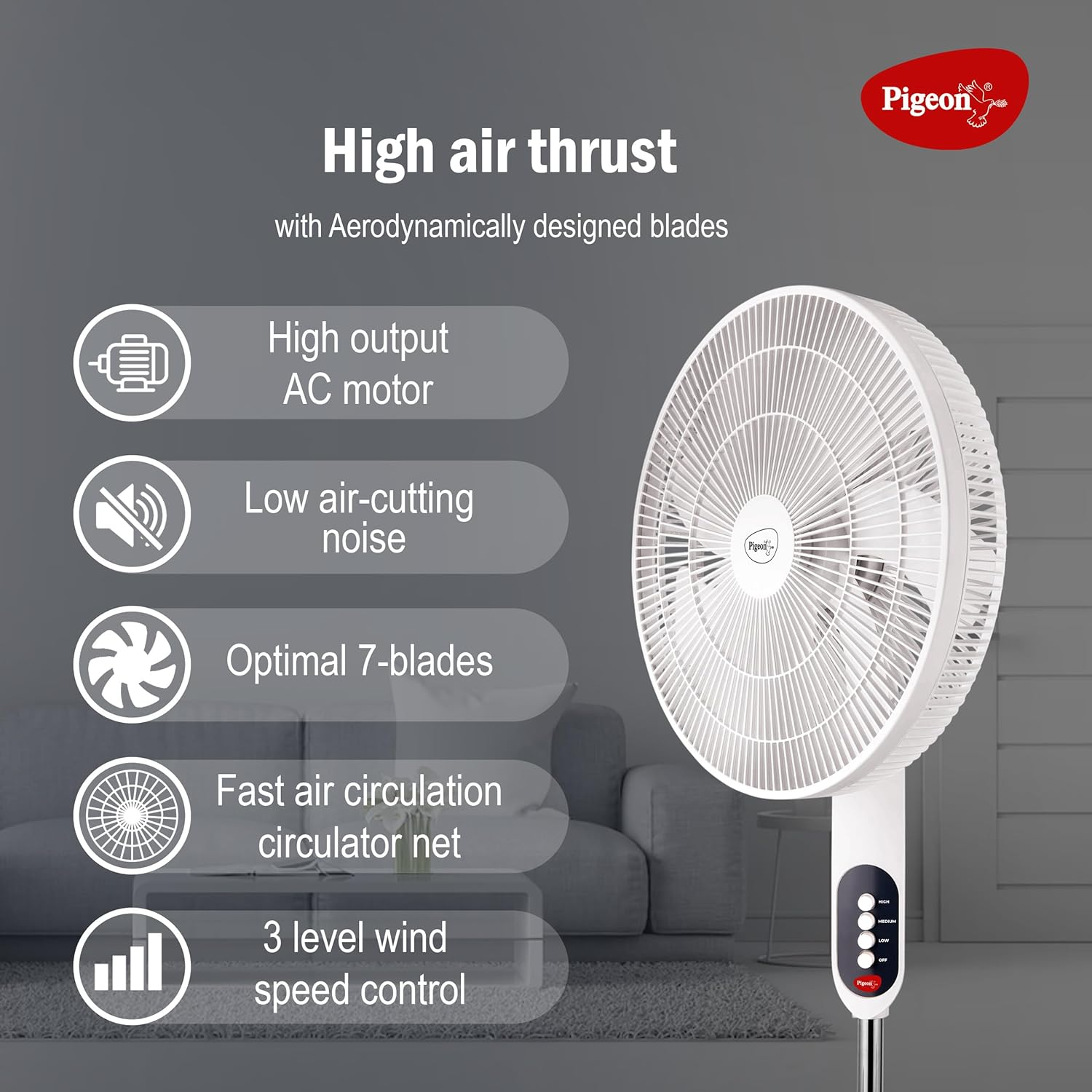 Pigeon Fantastic 7 Blade Pedestal Fan High Speed Airflow 3 Speed Stand Fan White