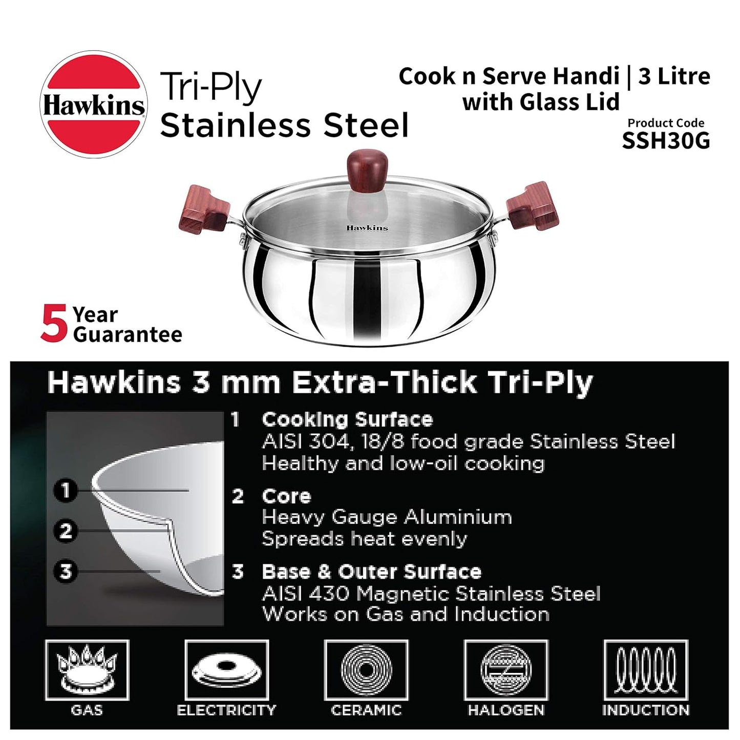 Hawkins SSH30G Tri-Ply Stainless Steel Cook n Serve Handi (3 L)