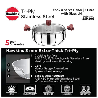 Hawkins SSH30G Tri-Ply Stainless Steel Cook n Serve Handi (3 L)
